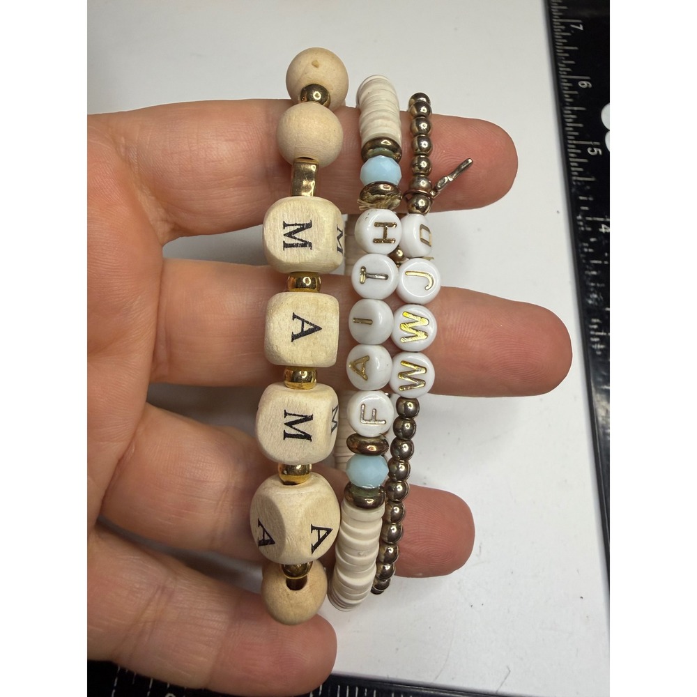 Set of 3 Stretch Bracelets MAMA FAITH WWJD Wood Heishi Gold Tone Beads Cross